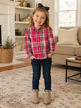 Polo Ralph Lauren Girls Pink Plaid Button Down Shirt Size 4 Preppy Cottagecore